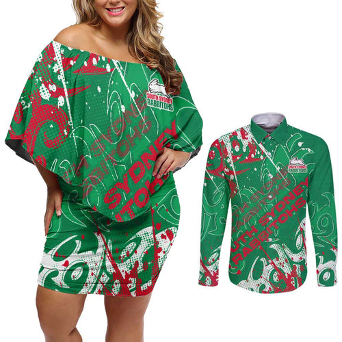 Personalized South Sydney Rabbitohs Rugby Couples Matching Off Shoulder Short Dress and Long Sleeve Button Shirt Urban Street Graffiti Style - Distressed Splatter Elements