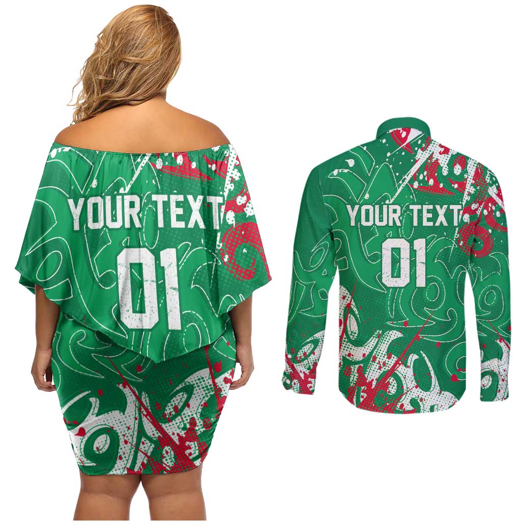 Personalized South Sydney Rabbitohs Rugby Couples Matching Off Shoulder Short Dress and Long Sleeve Button Shirt Urban Street Graffiti Style - Distressed Splatter Elements