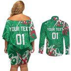 Personalized South Sydney Rabbitohs Rugby Couples Matching Off Shoulder Short Dress and Long Sleeve Button Shirt Urban Street Graffiti Style - Distressed Splatter Elements