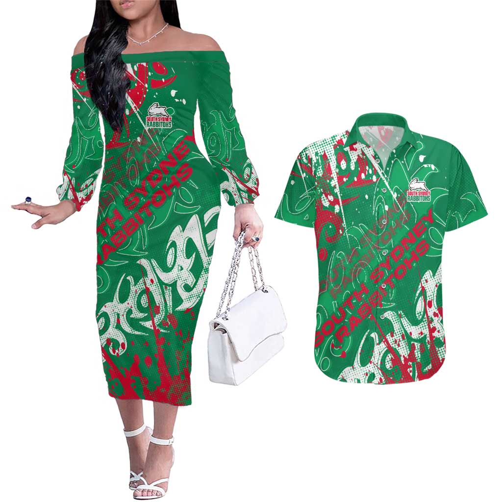 Personalized South Sydney Rabbitohs Rugby Couples Matching Off The Shoulder Long Sleeve Dress and Hawaiian Shirt Urban Street Graffiti Style - Distressed Splatter Elements