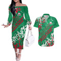 Personalized South Sydney Rabbitohs Rugby Couples Matching Off The Shoulder Long Sleeve Dress and Hawaiian Shirt Urban Street Graffiti Style - Distressed Splatter Elements