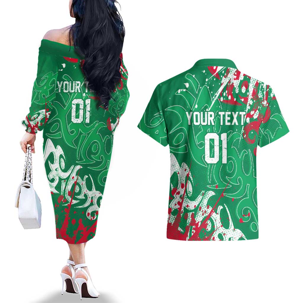 Personalized South Sydney Rabbitohs Rugby Couples Matching Off The Shoulder Long Sleeve Dress and Hawaiian Shirt Urban Street Graffiti Style - Distressed Splatter Elements