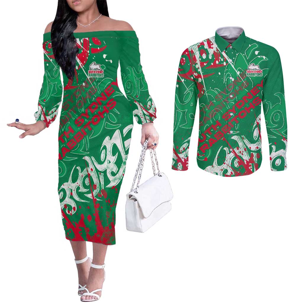 Personalized South Sydney Rabbitohs Rugby Couples Matching Off The Shoulder Long Sleeve Dress and Long Sleeve Button Shirt Urban Street Graffiti Style - Distressed Splatter Elements