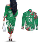 Personalized South Sydney Rabbitohs Rugby Couples Matching Off The Shoulder Long Sleeve Dress and Long Sleeve Button Shirt Urban Street Graffiti Style - Distressed Splatter Elements