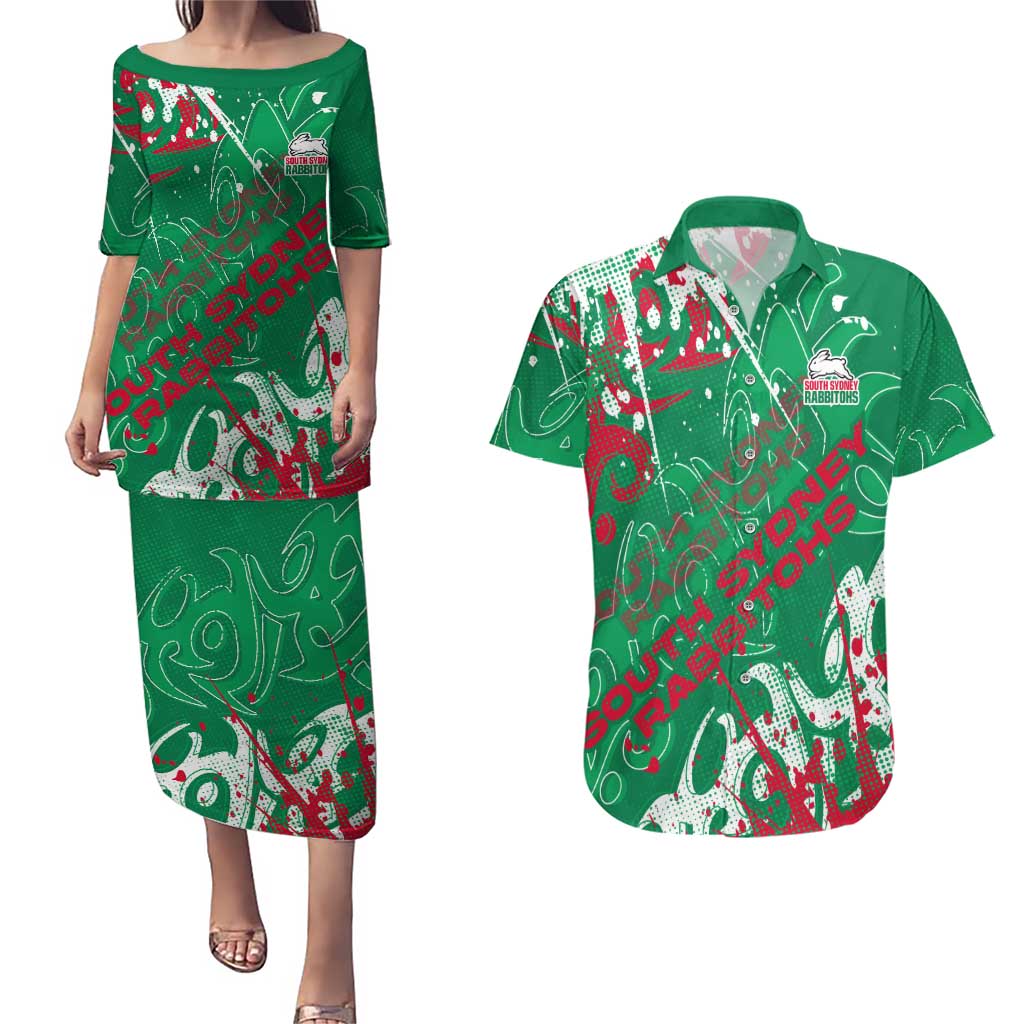 Personalized South Sydney Rabbitohs Rugby Couples Matching Puletasi and Hawaiian Shirt Urban Street Graffiti Style - Distressed Splatter Elements