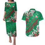 Personalized South Sydney Rabbitohs Rugby Couples Matching Puletasi and Hawaiian Shirt Urban Street Graffiti Style - Distressed Splatter Elements