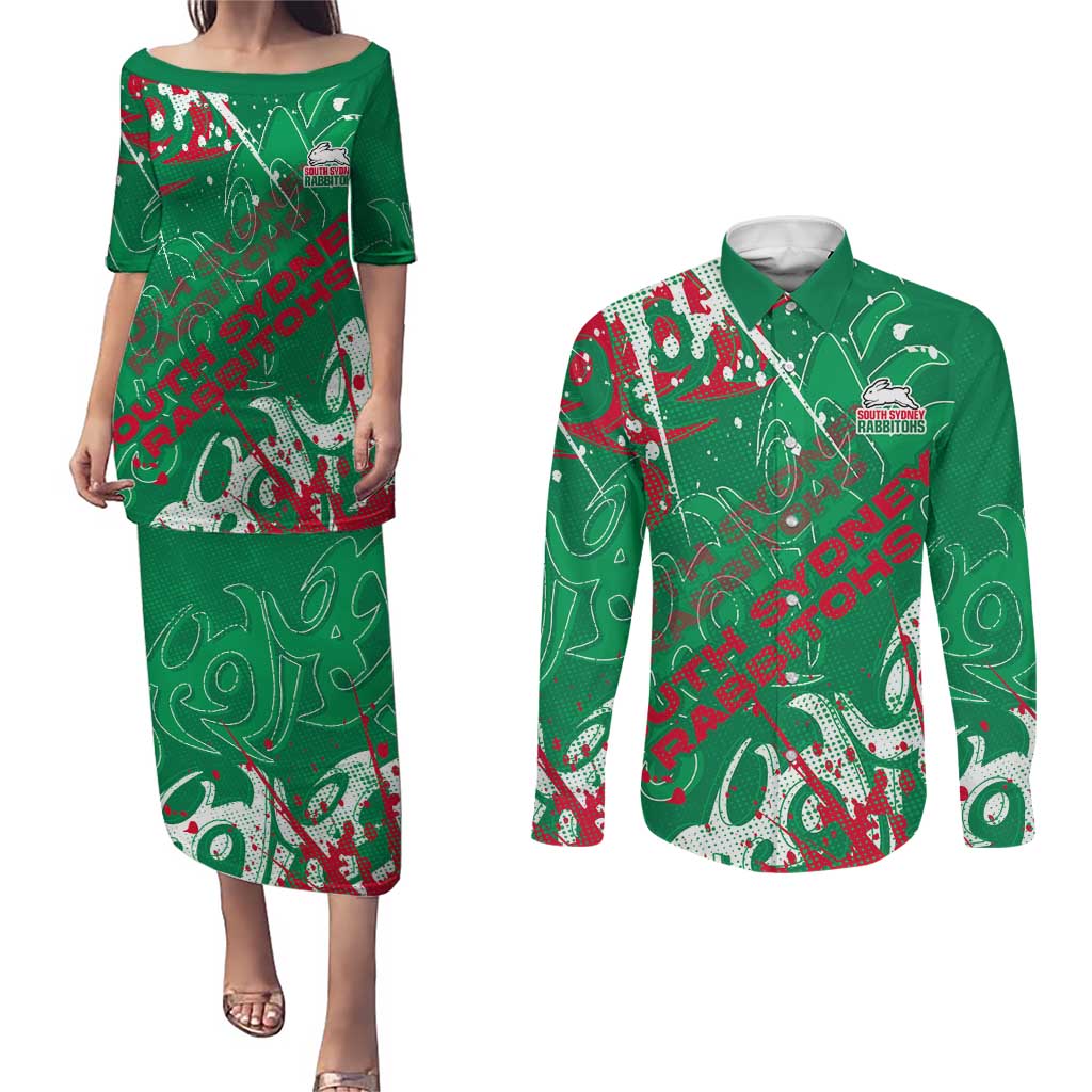 Personalized South Sydney Rabbitohs Rugby Couples Matching Puletasi and Long Sleeve Button Shirt Urban Street Graffiti Style - Distressed Splatter Elements