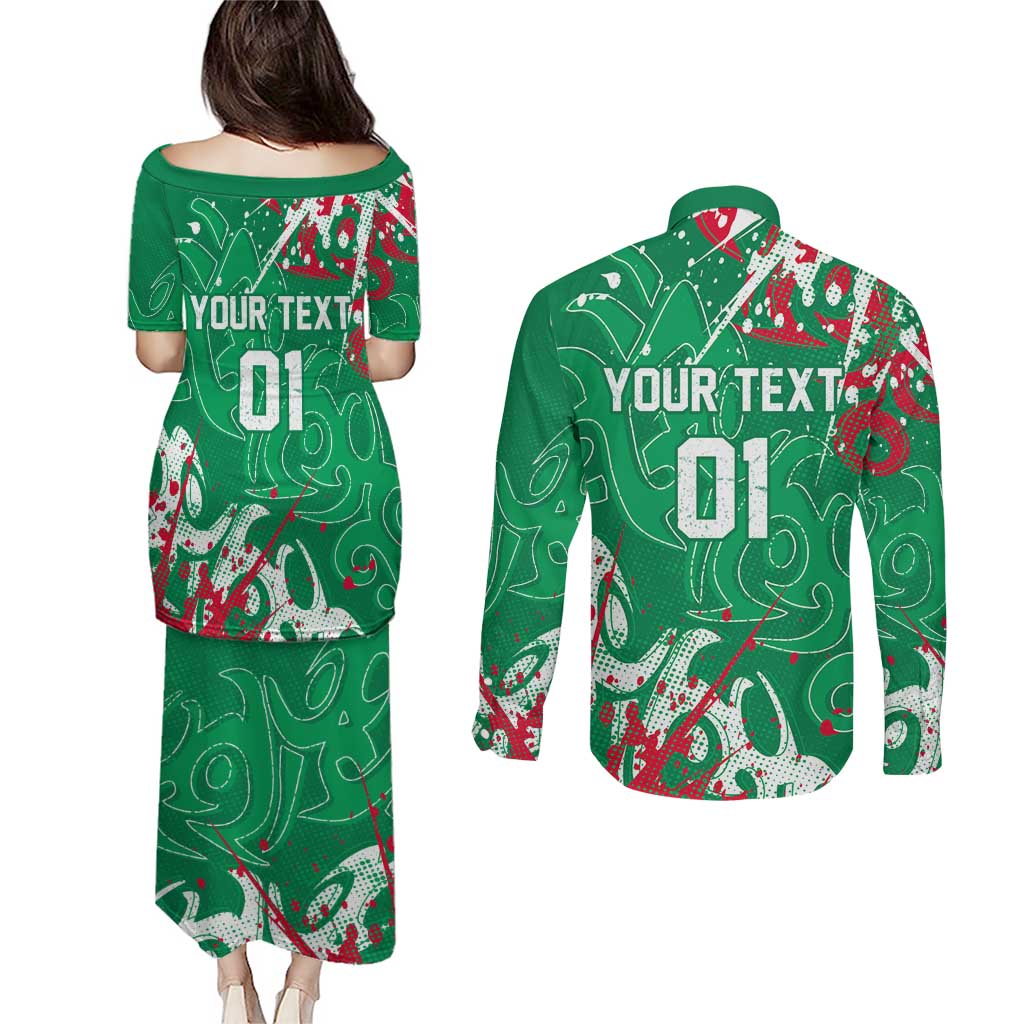 Personalized South Sydney Rabbitohs Rugby Couples Matching Puletasi and Long Sleeve Button Shirt Urban Street Graffiti Style - Distressed Splatter Elements