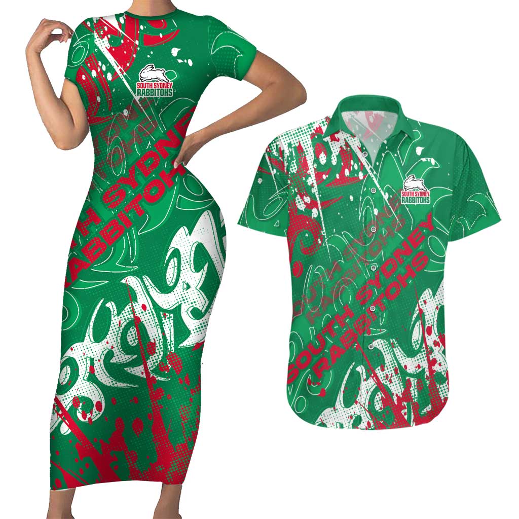Personalized South Sydney Rabbitohs Rugby Couples Matching Short Sleeve Bodycon Dress and Hawaiian Shirt Urban Street Graffiti Style - Distressed Splatter Elements