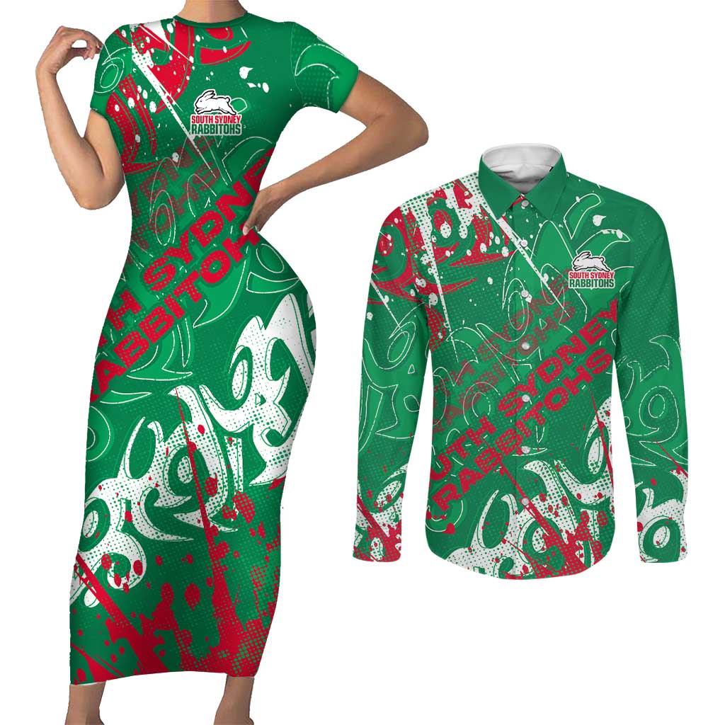Personalized South Sydney Rabbitohs Rugby Couples Matching Short Sleeve Bodycon Dress and Long Sleeve Button Shirt Urban Street Graffiti Style - Distressed Splatter Elements