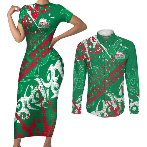 Personalized South Sydney Rabbitohs Rugby Couples Matching Short Sleeve Bodycon Dress and Long Sleeve Button Shirt Urban Street Graffiti Style - Distressed Splatter Elements