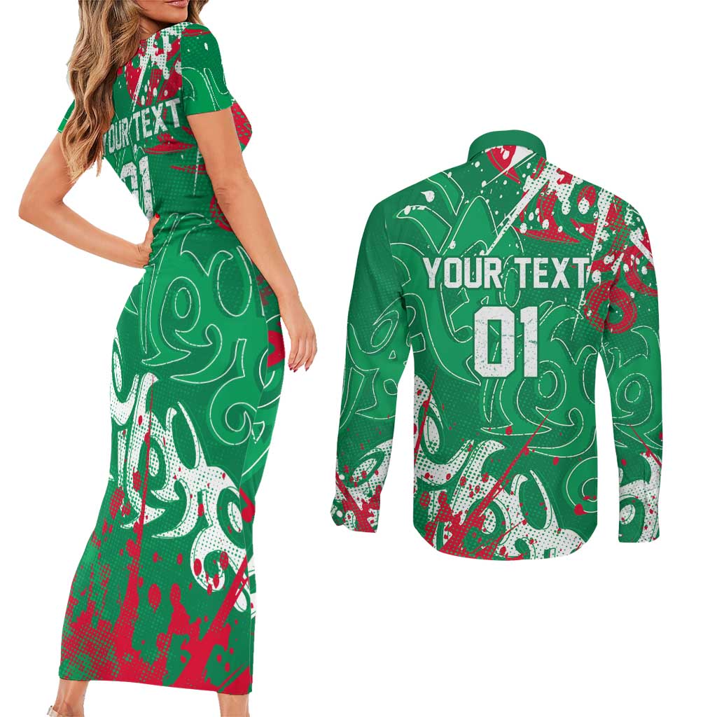 Personalized South Sydney Rabbitohs Rugby Couples Matching Short Sleeve Bodycon Dress and Long Sleeve Button Shirt Urban Street Graffiti Style - Distressed Splatter Elements