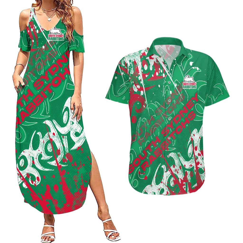 Personalized South Sydney Rabbitohs Rugby Couples Matching Summer Maxi Dress and Hawaiian Shirt Urban Street Graffiti Style - Distressed Splatter Elements