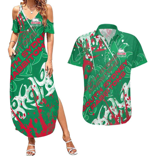 Personalized South Sydney Rabbitohs Rugby Couples Matching Summer Maxi Dress and Hawaiian Shirt Urban Street Graffiti Style - Distressed Splatter Elements