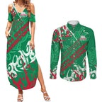 Personalized South Sydney Rabbitohs Rugby Couples Matching Summer Maxi Dress and Long Sleeve Button Shirt Urban Street Graffiti Style - Distressed Splatter Elements