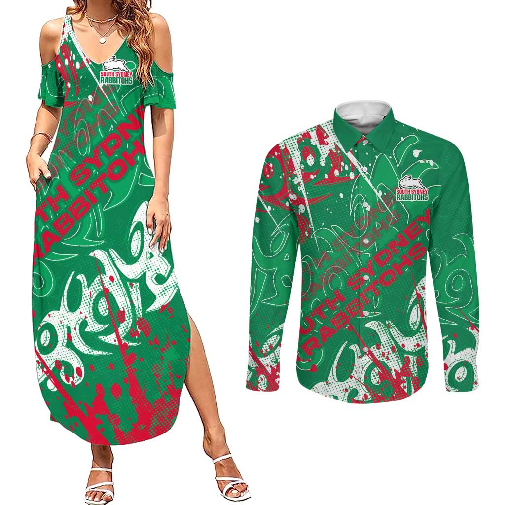Personalized South Sydney Rabbitohs Rugby Couples Matching Summer Maxi Dress and Long Sleeve Button Shirt Urban Street Graffiti Style - Distressed Splatter Elements