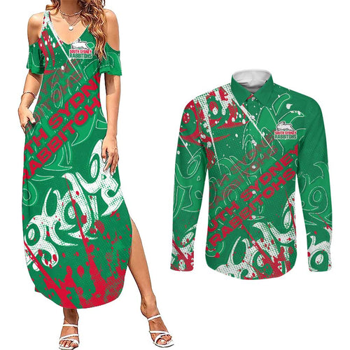 Personalized South Sydney Rabbitohs Rugby Couples Matching Summer Maxi Dress and Long Sleeve Button Shirt Urban Street Graffiti Style - Distressed Splatter Elements