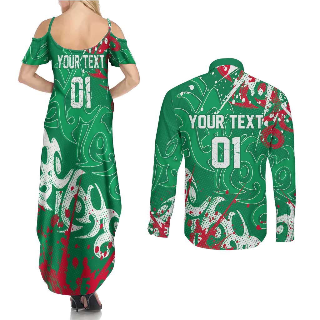 Personalized South Sydney Rabbitohs Rugby Couples Matching Summer Maxi Dress and Long Sleeve Button Shirt Urban Street Graffiti Style - Distressed Splatter Elements