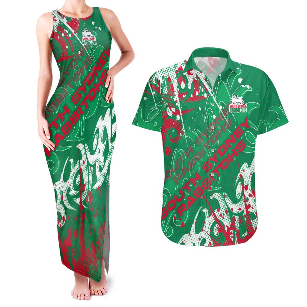 Personalized South Sydney Rabbitohs Rugby Couples Matching Tank Maxi Dress and Hawaiian Shirt Urban Street Graffiti Style - Distressed Splatter Elements