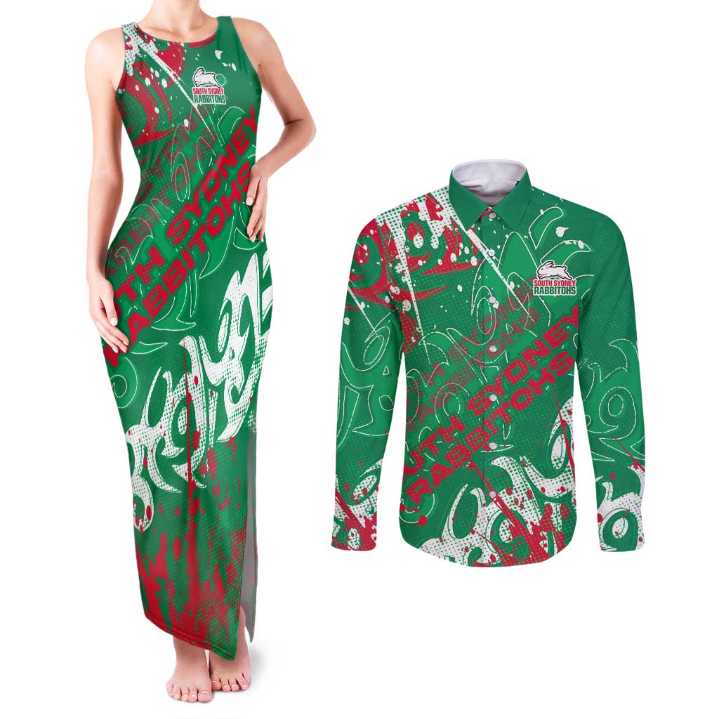 Personalized South Sydney Rabbitohs Rugby Couples Matching Tank Maxi Dress and Long Sleeve Button Shirt Urban Street Graffiti Style - Distressed Splatter Elements