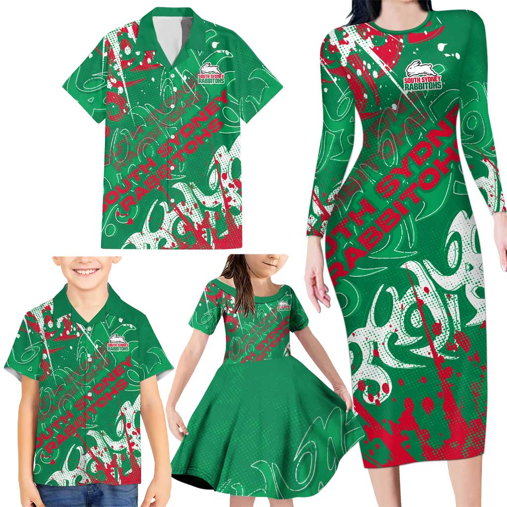 Personalized South Sydney Rabbitohs Rugby Family Matching Long Sleeve Bodycon Dress and Hawaiian Shirt Urban Street Graffiti Style - Distressed Splatter Elements
