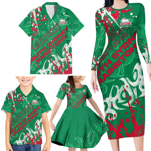 Personalized South Sydney Rabbitohs Rugby Family Matching Long Sleeve Bodycon Dress and Hawaiian Shirt Urban Street Graffiti Style - Distressed Splatter Elements