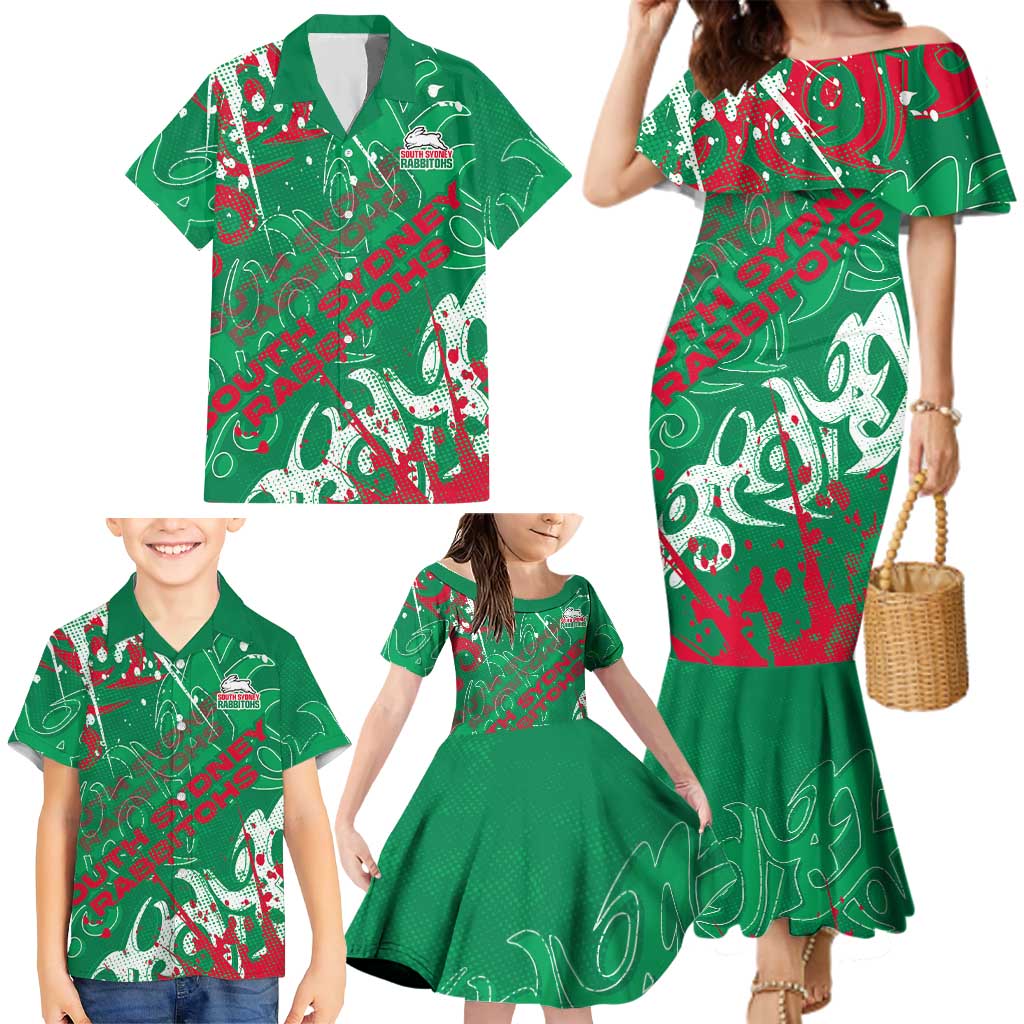 Personalized South Sydney Rabbitohs Rugby Family Matching Mermaid Dress and Hawaiian Shirt Urban Street Graffiti Style - Distressed Splatter Elements