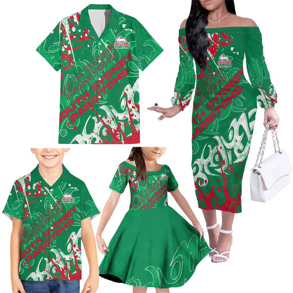 Personalized South Sydney Rabbitohs Rugby Family Matching Off The Shoulder Long Sleeve Dress and Hawaiian Shirt Urban Street Graffiti Style - Distressed Splatter Elements