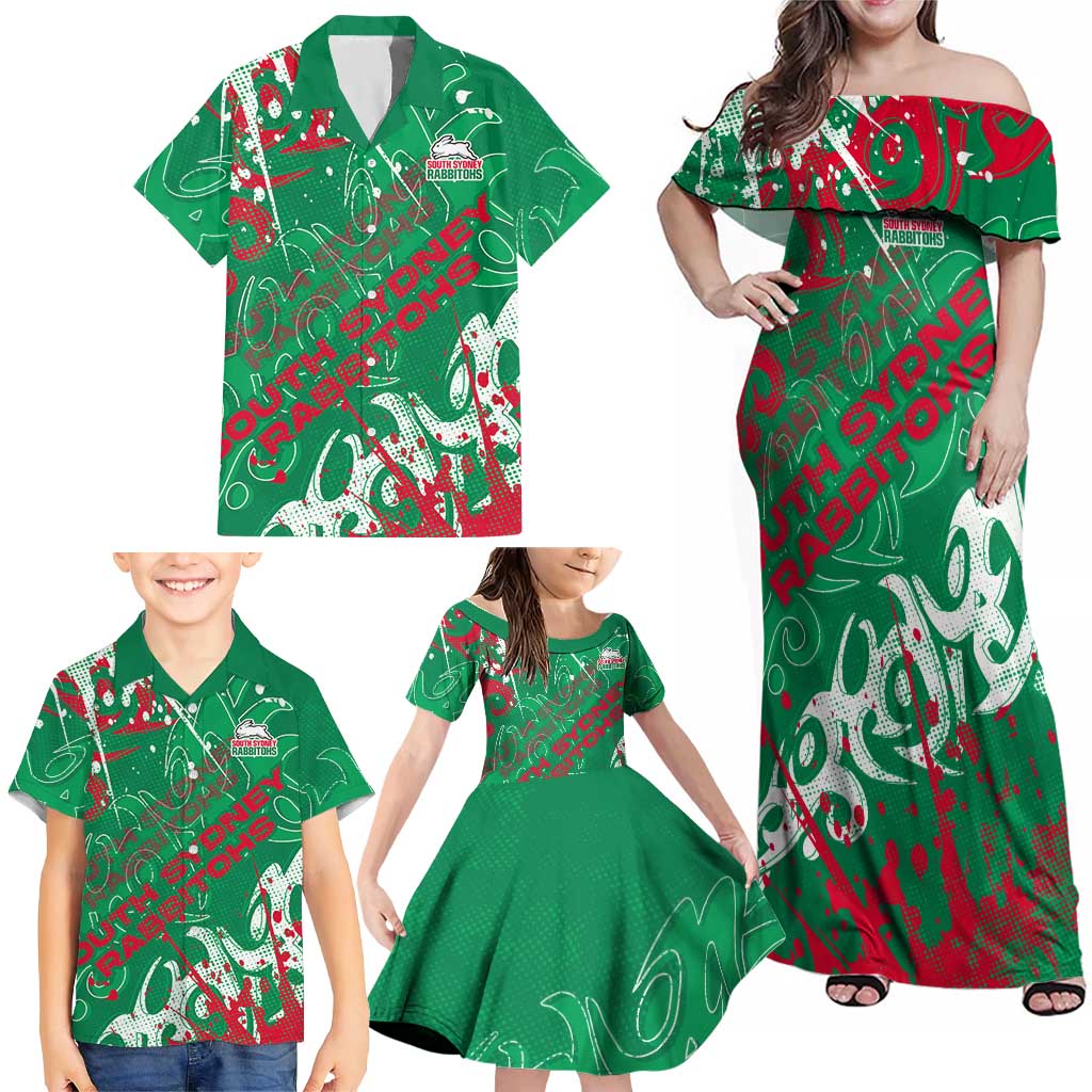 Personalized South Sydney Rabbitohs Rugby Family Matching Off Shoulder Maxi Dress and Hawaiian Shirt Urban Street Graffiti Style - Distressed Splatter Elements