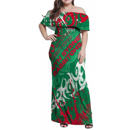 Personalized South Sydney Rabbitohs Rugby Family Matching Off Shoulder Maxi Dress and Hawaiian Shirt Urban Street Graffiti Style - Distressed Splatter Elements