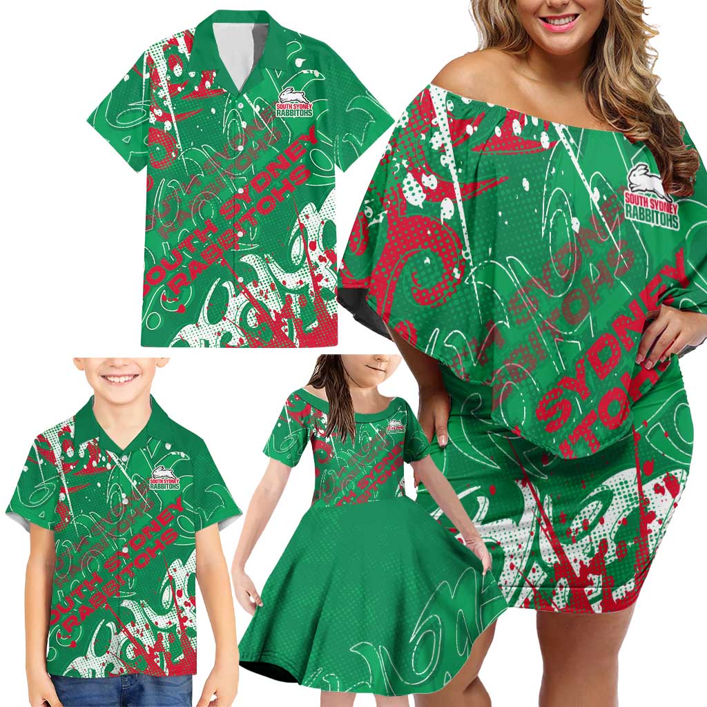 Personalized South Sydney Rabbitohs Rugby Family Matching Off Shoulder Short Dress and Hawaiian Shirt Urban Street Graffiti Style - Distressed Splatter Elements