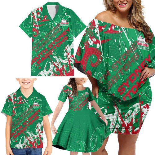 Personalized South Sydney Rabbitohs Rugby Family Matching Off Shoulder Short Dress and Hawaiian Shirt Urban Street Graffiti Style - Distressed Splatter Elements