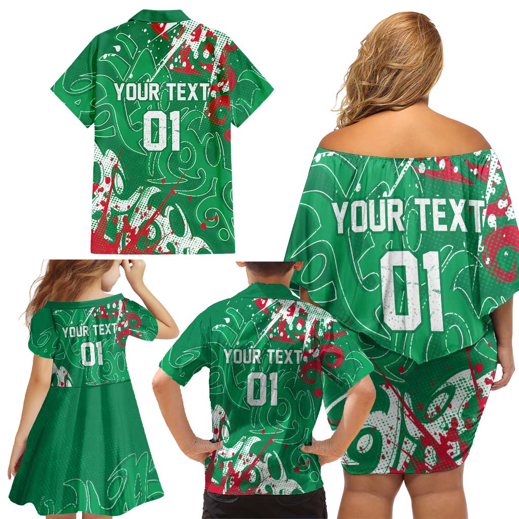 Personalized South Sydney Rabbitohs Rugby Family Matching Off Shoulder Short Dress and Hawaiian Shirt Urban Street Graffiti Style - Distressed Splatter Elements