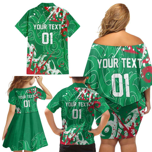 Personalized South Sydney Rabbitohs Rugby Family Matching Off Shoulder Short Dress and Hawaiian Shirt Urban Street Graffiti Style - Distressed Splatter Elements