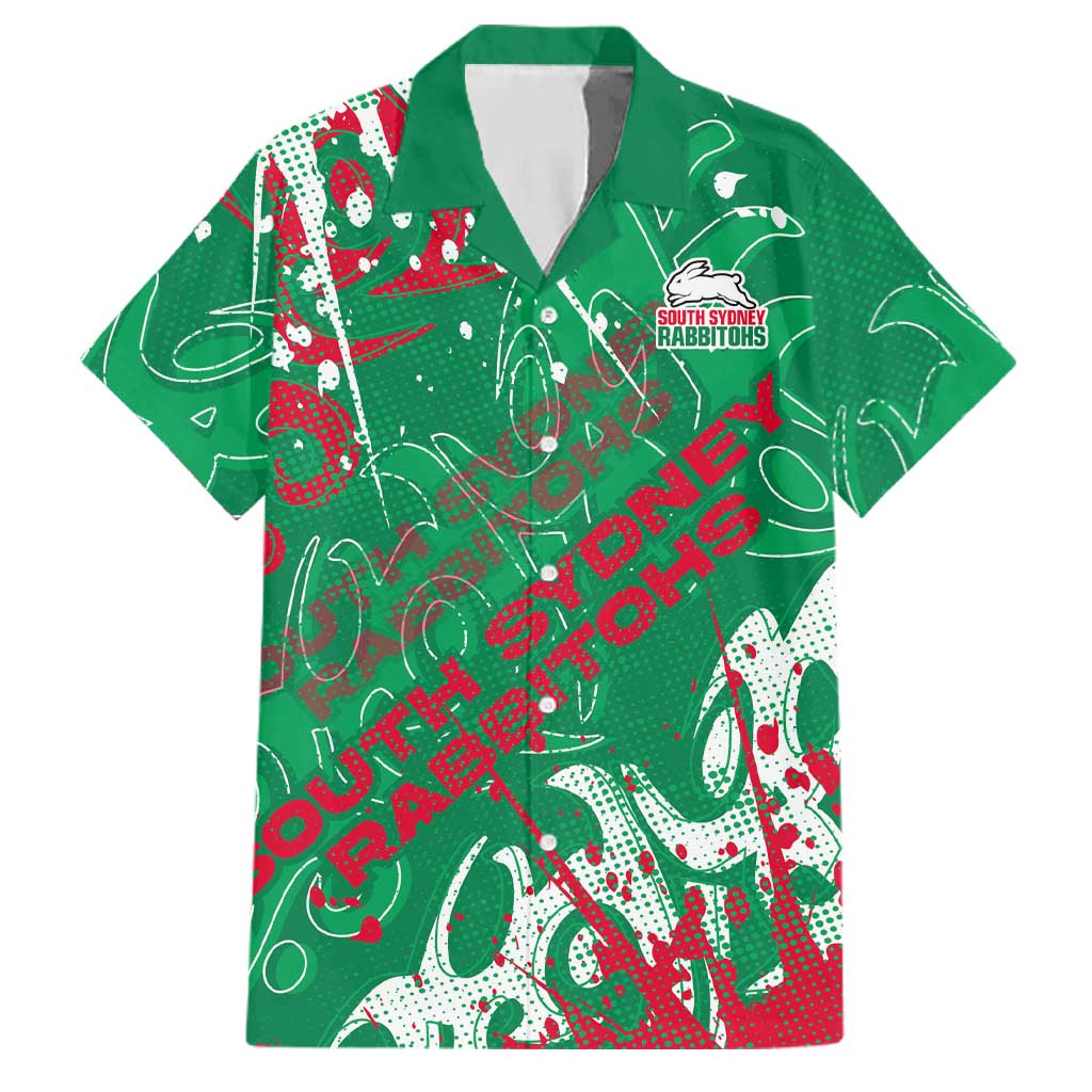 Personalized South Sydney Rabbitohs Rugby Family Matching Off Shoulder Short Dress and Hawaiian Shirt Urban Street Graffiti Style - Distressed Splatter Elements