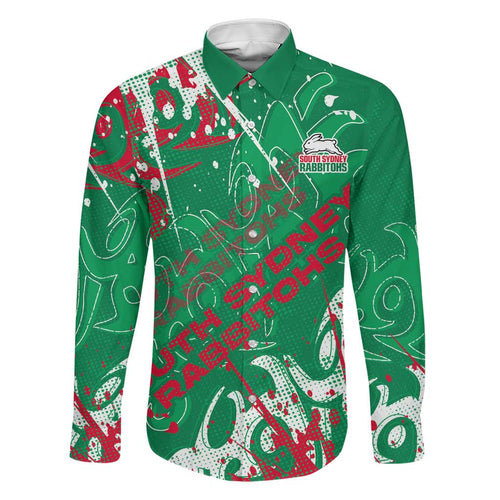 Personalized South Sydney Rabbitohs Rugby Family Matching Off Shoulder Short Dress and Hawaiian Shirt Urban Street Graffiti Style - Distressed Splatter Elements