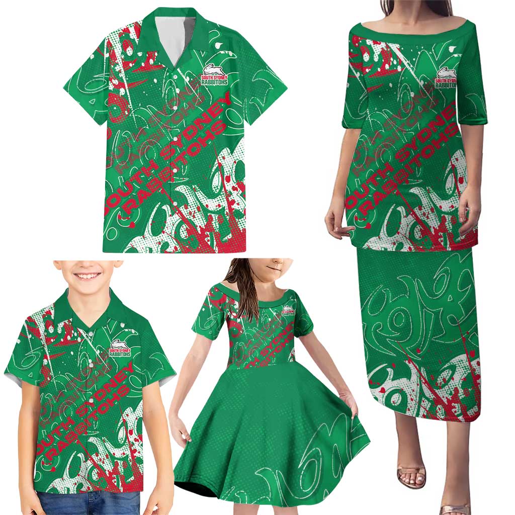 Personalized South Sydney Rabbitohs Rugby Family Matching Puletasi and Hawaiian Shirt Urban Street Graffiti Style - Distressed Splatter Elements