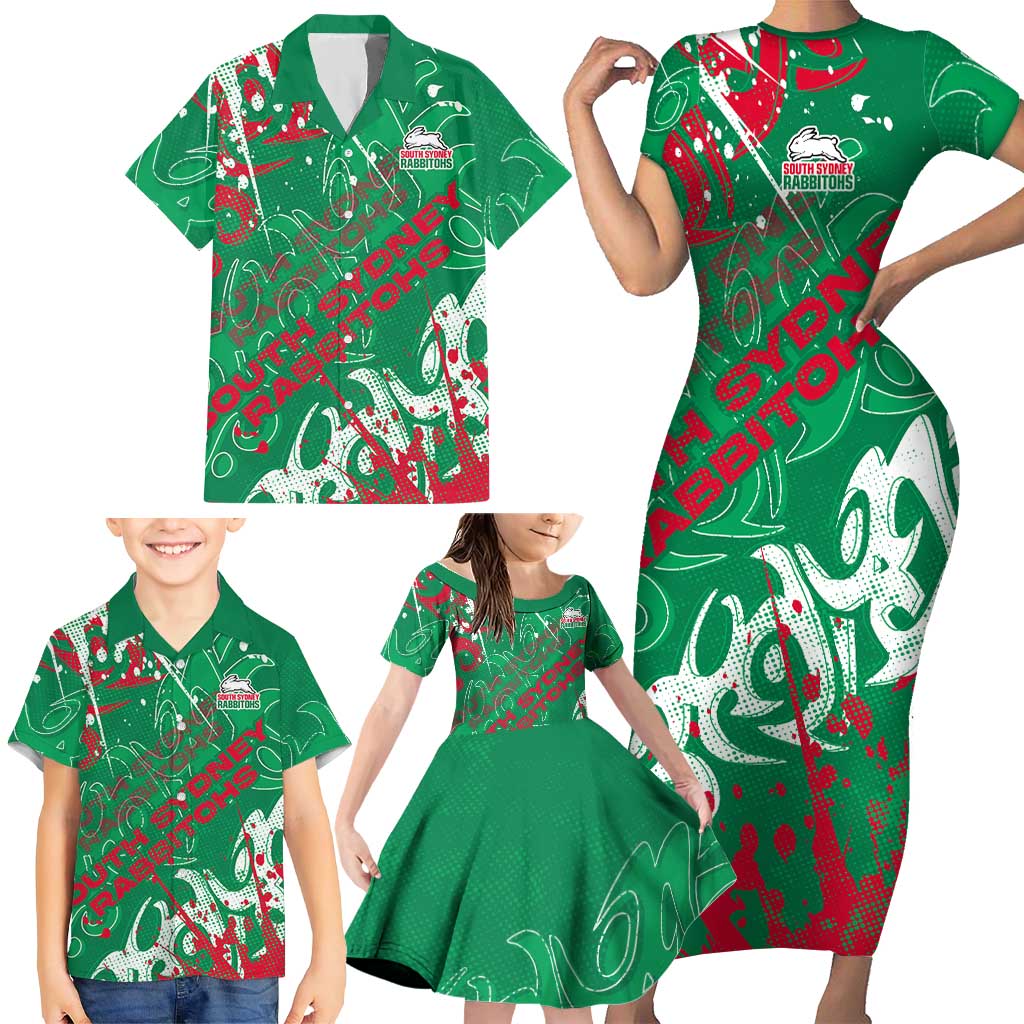 Personalized South Sydney Rabbitohs Rugby Family Matching Short Sleeve Bodycon Dress and Hawaiian Shirt Urban Street Graffiti Style - Distressed Splatter Elements