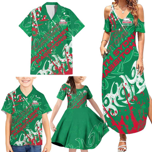 Personalized South Sydney Rabbitohs Rugby Family Matching Summer Maxi Dress and Hawaiian Shirt Urban Street Graffiti Style - Distressed Splatter Elements