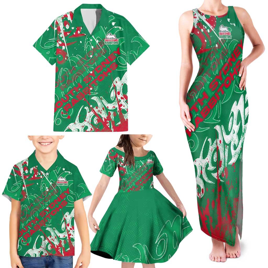 Personalized South Sydney Rabbitohs Rugby Family Matching Tank Maxi Dress and Hawaiian Shirt Urban Street Graffiti Style - Distressed Splatter Elements