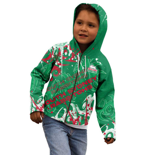 Personalized South Sydney Rabbitohs Rugby Kid Hoodie Urban Street Graffiti Style - Distressed Splatter Elements