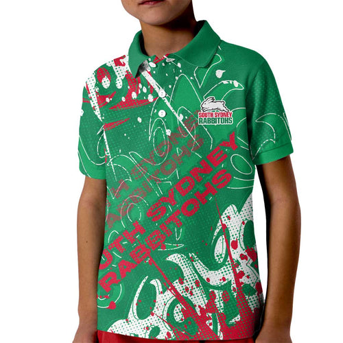 Personalized South Sydney Rabbitohs Rugby Kid Polo Shirt Urban Street Graffiti Style - Distressed Splatter Elements