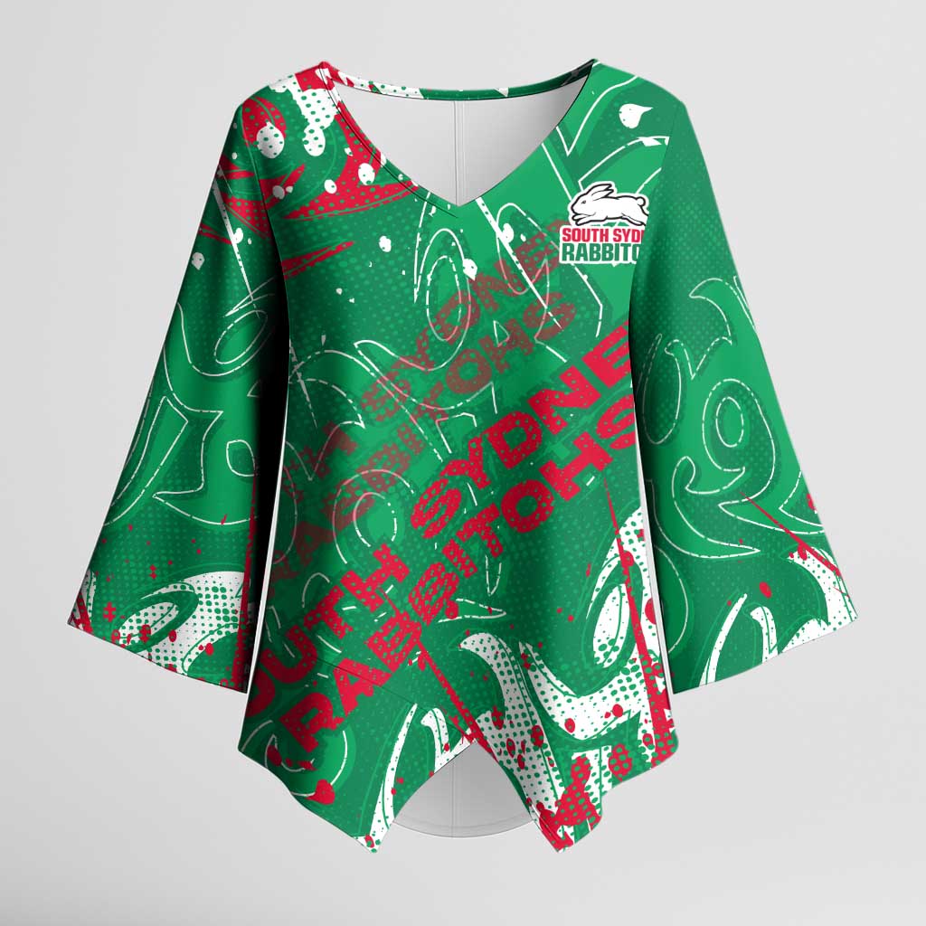 Personalized South Sydney Rabbitohs Rugby Kimono Sleeve Blouse Urban Street Graffiti Style - Distressed Splatter Elements