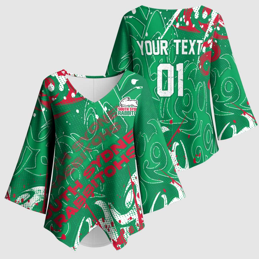 Personalized South Sydney Rabbitohs Rugby Kimono Sleeve Blouse Urban Street Graffiti Style - Distressed Splatter Elements
