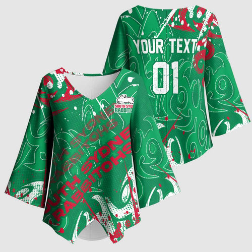 Personalized South Sydney Rabbitohs Rugby Kimono Sleeve Blouse Urban Street Graffiti Style - Distressed Splatter Elements