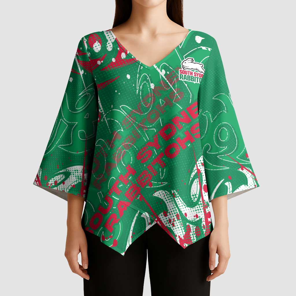 Personalized South Sydney Rabbitohs Rugby Kimono Sleeve Blouse Urban Street Graffiti Style - Distressed Splatter Elements