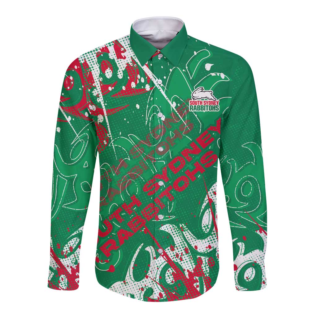Personalized South Sydney Rabbitohs Rugby Long Sleeve Button Shirt Urban Street Graffiti Style - Distressed Splatter Elements