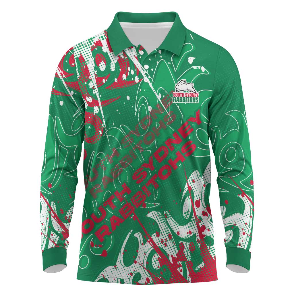 Personalized South Sydney Rabbitohs Rugby Long Sleeve Polo Shirt Urban Street Graffiti Style - Distressed Splatter Elements