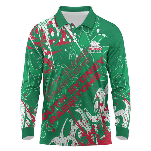 Personalized South Sydney Rabbitohs Rugby Long Sleeve Polo Shirt Urban Street Graffiti Style - Distressed Splatter Elements