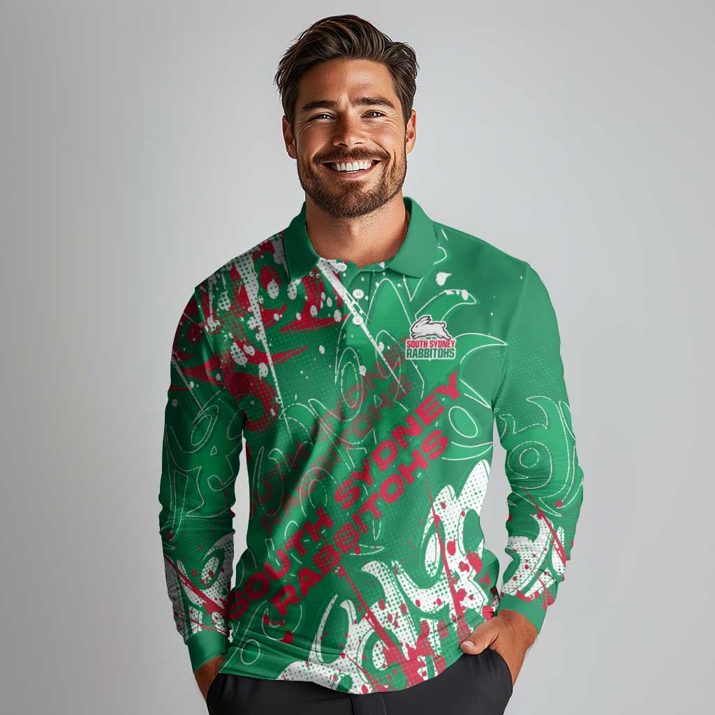 Personalized South Sydney Rabbitohs Rugby Long Sleeve Polo Shirt Urban Street Graffiti Style - Distressed Splatter Elements